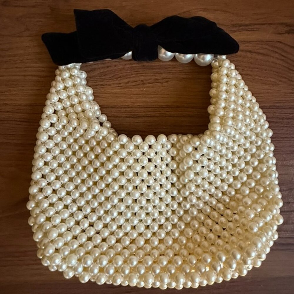 Zara Pearl Beaded Shoulder Bag with Black Velvet Bow — New Without Tags